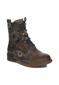 Bottine à lacets avec une tige en tissu à motif floral, des accents en cuir marron, un bout arrondi et un talon carré.