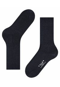 Calcetines acanalados azul marino hechos de una mezcla de nailon, con una textura suave y una marca distintiva en blanco en la parte inferior.