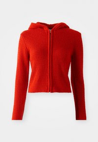 Rode hoodie met rits, voorzien van een gestructureerd breipatroon, lange mouwen en een cropped ontwerp. Heeft een voorrits en ribbels aan de onderkant.