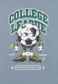 Soccer ball with eyes, arms, and legs wearing cleats and wristbands under "College League" text, with phrases "All day," "Just," "Everyday."