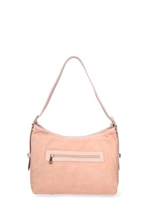 Sac à bandoulière en daim rose pâle avec poche zippée dorée à l'avant et poignée à une seule bandoulière.