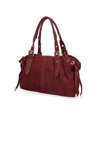 Sac en daim bordeaux avec poignées doubles et quincaillerie dorée. Il dispose d'une fermeture à cordon et de côtés plissés pour plus de détails.