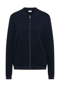 Veste bomber bleu marine à fermeture éclair, avec col, poignets et ourlet côtelés, dotée d'une fermeture éclair avant argentée et d'une petite étiquette intérieure.