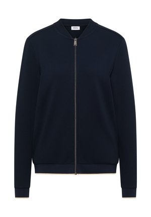 Dunkelblaue Bomberjacke mit Reißverschluss, geripptem Kragen, Bündchen und Saum, ausgestattet mit einem silbernen Frontreißverschluss und einem kleinen Innenetikett.