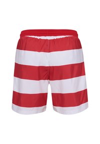 Rot-weiß gestreifte Badeshorts mit elastischem Bund und lockerem Schnitt. Hergestellt aus leichtem, schnell trocknendem Stoff.