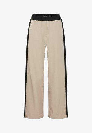 Beige wide-leg pants with a black side stripe, elastic waistband, smooth texture, and simple design. Suitable for casual wear.