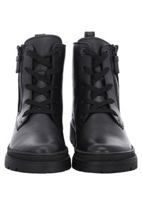 Bottines en cuir noir avec un design à lacets, fermeture éclaire sur le côté, finition texturée et semelles en caoutchouc robustes pour une meilleure adhérence et durabilité.