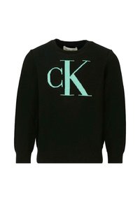 Maglione nero con logo "cK" turchese, collo a crew, maniche lunghe e polsini e orlo a costine. Realizzato in tessuto lavorato a maglia.