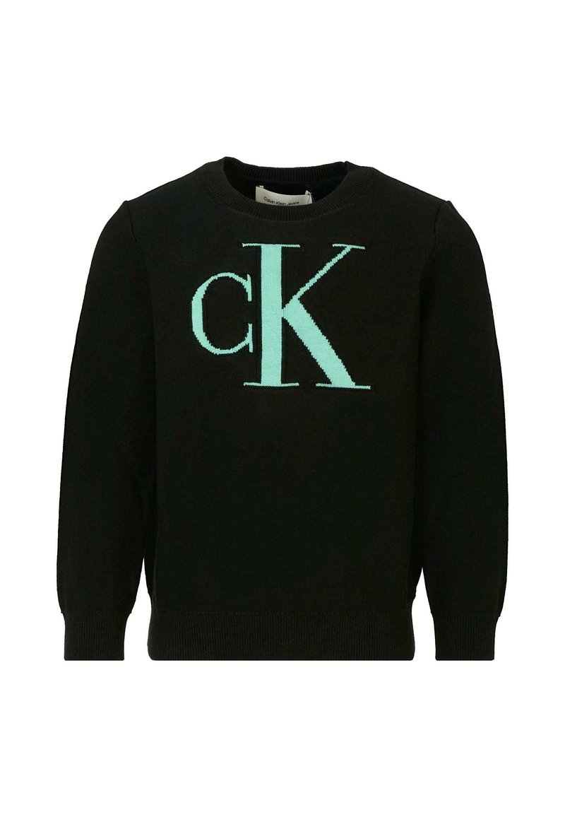 Maglione nero con logo "cK" turchese, collo a crew, maniche lunghe e polsini e orlo a costine. Realizzato in tessuto lavorato a maglia.