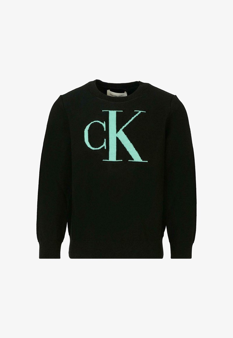 Maglione nero con logo "cK" turchese, collo a crew, maniche lunghe e polsini e orlo a costine. Realizzato in tessuto lavorato a maglia.