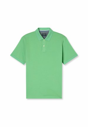 Polo shirt verde chiaro realizzato in tessuto morbido, con colletto classico, patta con due bottoni e maniche corte.