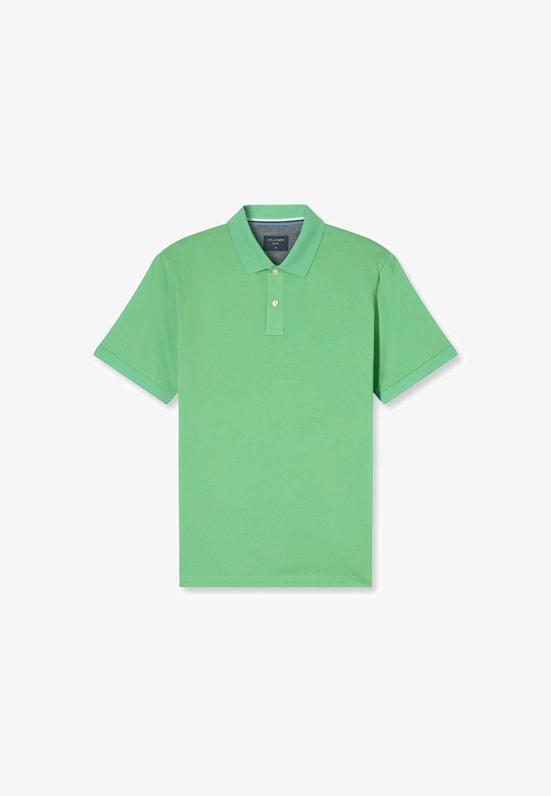 Lichtgroen polo-shirt gemaakt van gladde stof, met een klassieke kraag, een twee-knopen sluiting en korte mouwen.