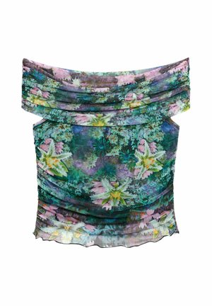 Haut à épaules dénudées et froncé avec un motif floral vert, bleu et violet comprenant des lys et des textures feuillues.