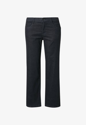 Dunkelblaue Jeanshose mit geradem Bein, ausgestattet mit zwei Fronttaschen, einem Knopfverschluss und subtilen Nähdetails.