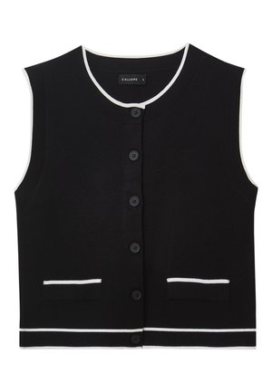 Veste noire sans manches à boutons avec bordure blanche autour du cou, des emmanchures, des poches et de l'ourlet, étiquetée taille petite.