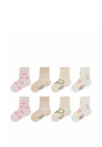Set di otto calzini per bambini caratterizzati da vari colori pastello, motivi floreali e impronte, e una consistenza morbida. Diverse fantasie e lunghezze.