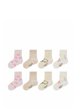 Set aus acht Kindersocken in verschiedenen Pastellfarben, mit floralen und Fußabdruckmustern sowie einer weichen Textur. Unterschiedliche Designs und Längen.
