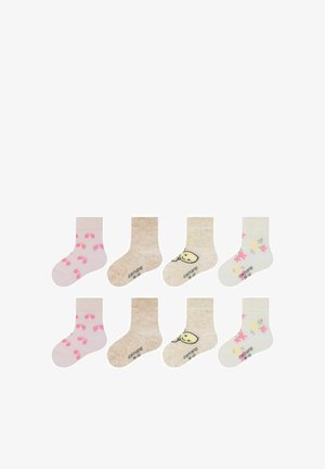 Set di otto calzini per bambini caratterizzati da vari colori pastello, motivi floreali e impronte, e una consistenza morbida. Diverse fantasie e lunghezze.