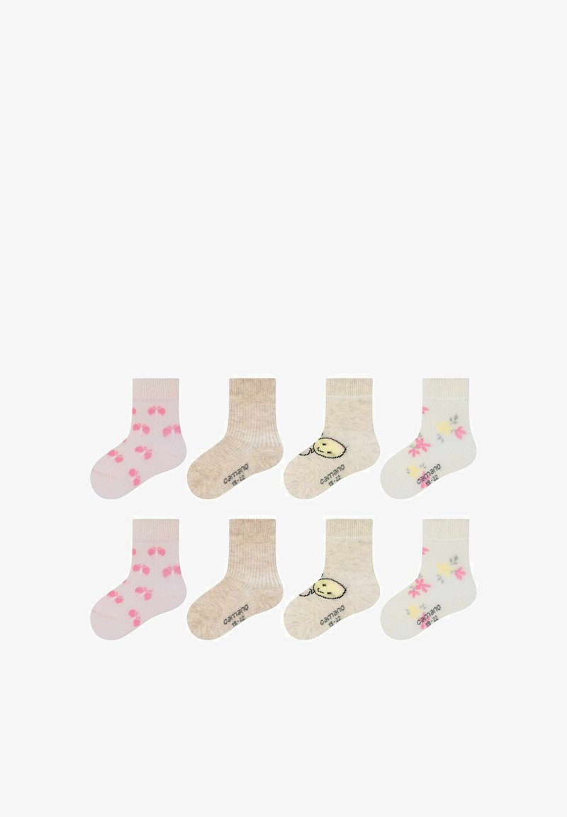 Sæt med otte børnestrømper i forskellige pastelfarver, med blomstermønstre og fodaftryk, samt en blød tekstur. Forskellige design og længder.