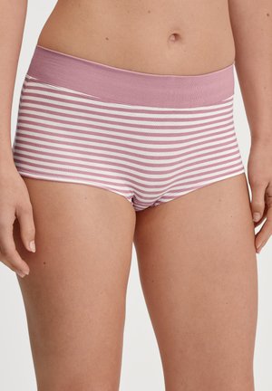Gestreepte boyshorts van zacht materiaal, met een brede roze tailleband en afwisselend lichtroze en witte strepen. Geschikt voor dagelijks gebruik.