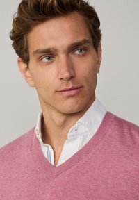 Maglione rosa chiaro a scollo a V realizzato in tessuto morbido, indossato sopra una camicia bianca con colletto, con strisce blu e grigie visibili all'collo.
