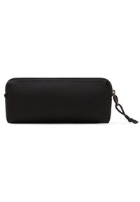 Black zippered pencil case made of durable canvas material, featuring a textured surface and a detachable wrist strap for convenience.