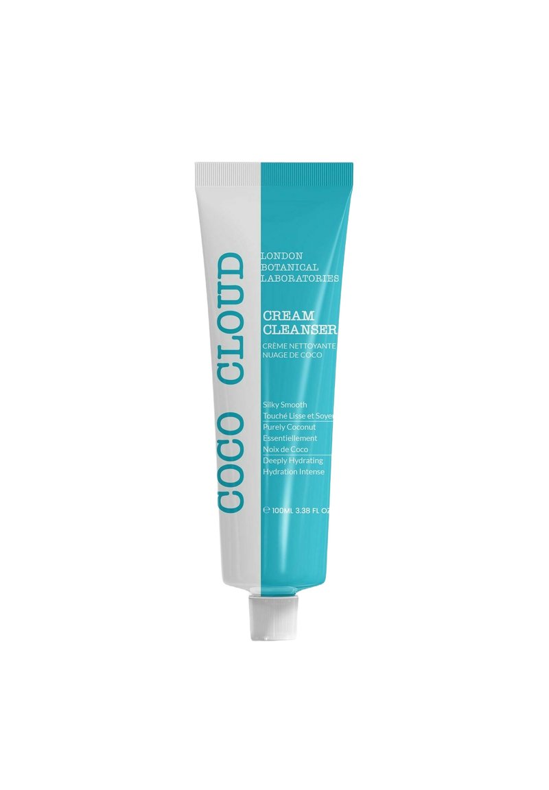 Coco Cloud cream cleanser in a squeezable tube features a white and aqua blue design, with white lettering on each side and a twist-off cap.