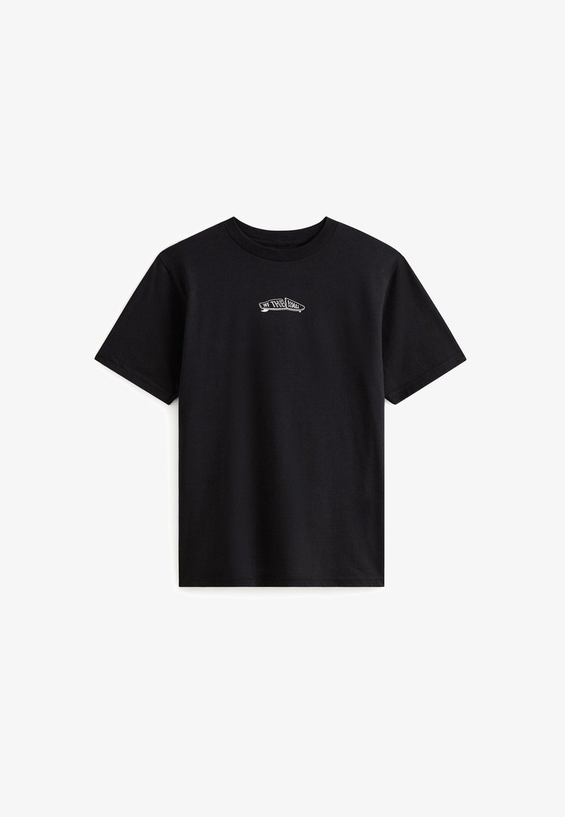 Camiseta de algodón negra con mangas cortas y cuello redondo. Presenta un gráfico blanco impreso en el pecho. Diseño sencillo, sin acentos adicionales.