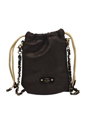 Petit sac noir à cordon avec chaîne dorée et anses en corde, matériau texturé et étiquette "mila louise PARIS" à l'avant.