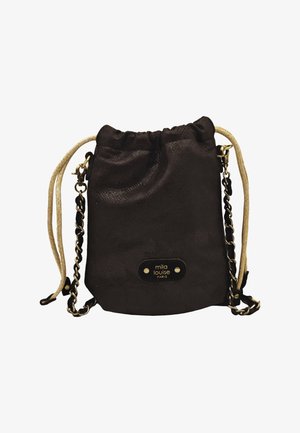 Petit sac noir à cordon avec chaîne dorée et anses en corde, matériau texturé et étiquette "mila louise PARIS" à l'avant.