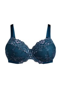 Teal gewatteerde beha met roze bloemenkant overlay, verstelbare satijnen bandjes, en onderdraadondersteuning, met naadloze cups en decoratieve stiksels.