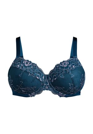 Reggiseno imbottito color turchese con sovrapposizione in pizzo floreale rosa, spalline in raso regolabili e supporto con ferretto, dotato di coppe senza cuciture e cuciture decorative.