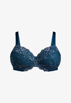 Soutien-gorge rembourré de couleur sarcelle avec un motif de dentelle florale rose, bretelles en satin réglables et soutien-gorge à armatures, doté de bonnets sans coutures et de couture décorative.