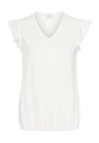 Biała bluzka bez rękawów w serek z falbanami na ramionach i elastycznym dołem, wykonana z lekkiego materiału.
