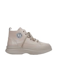 Beige high-top sneaker made of glossy leather. Features round logo patch, flat laces, and a thick, textured rubber sole.