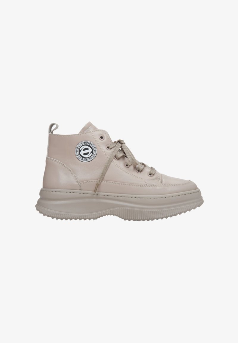 Beige high-top sneaker made of glossy leather. Features round logo patch, flat laces, and a thick, textured rubber sole.