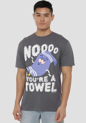 Gray cotton t-shirt featuring cartoon towel graphic with a face and text "NOOOO YOU'RE A TOWEL." Short sleeves and round neck design.