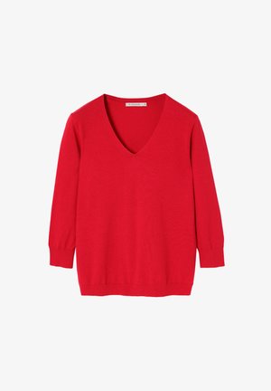 Rød langærmet V-hals sweater med ribbede manchetter og kant, præsenteret fladt mod en hvid baggrund.