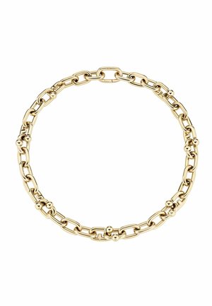 Collana in metallo dorato con catena caratterizzata da anelli ovali e rotondi intrecciati, finitura lucida, con accenti sferici che offrono texture e dettagli.