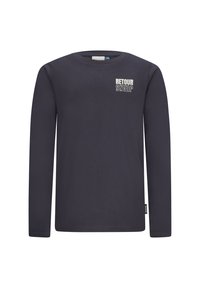 T-shirt a maniche lunghe di colore blu navy realizzato in morbido cotone. Presenta una piccola grafica "RETOUR JEANS" di colore crema sul petto e un'etichetta sul lato.