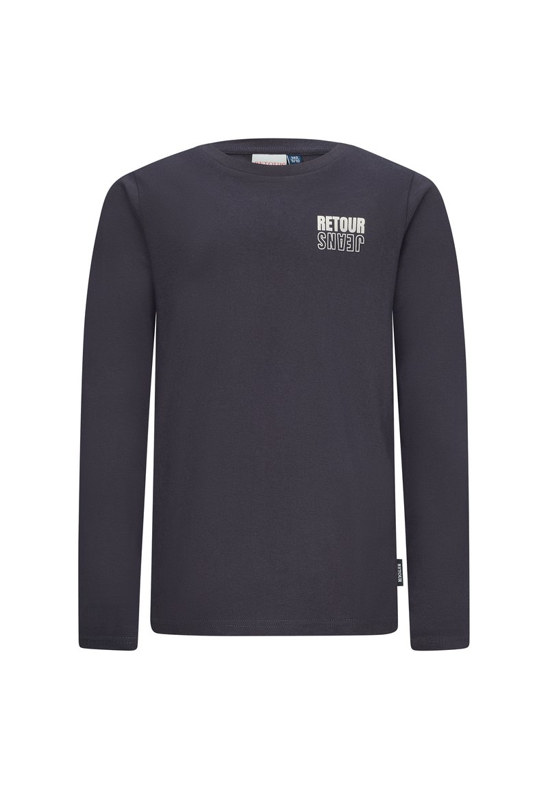 T-shirt a maniche lunghe di colore blu navy realizzato in morbido cotone. Presenta una piccola grafica "RETOUR JEANS" di colore crema sul petto e un'etichetta sul lato.