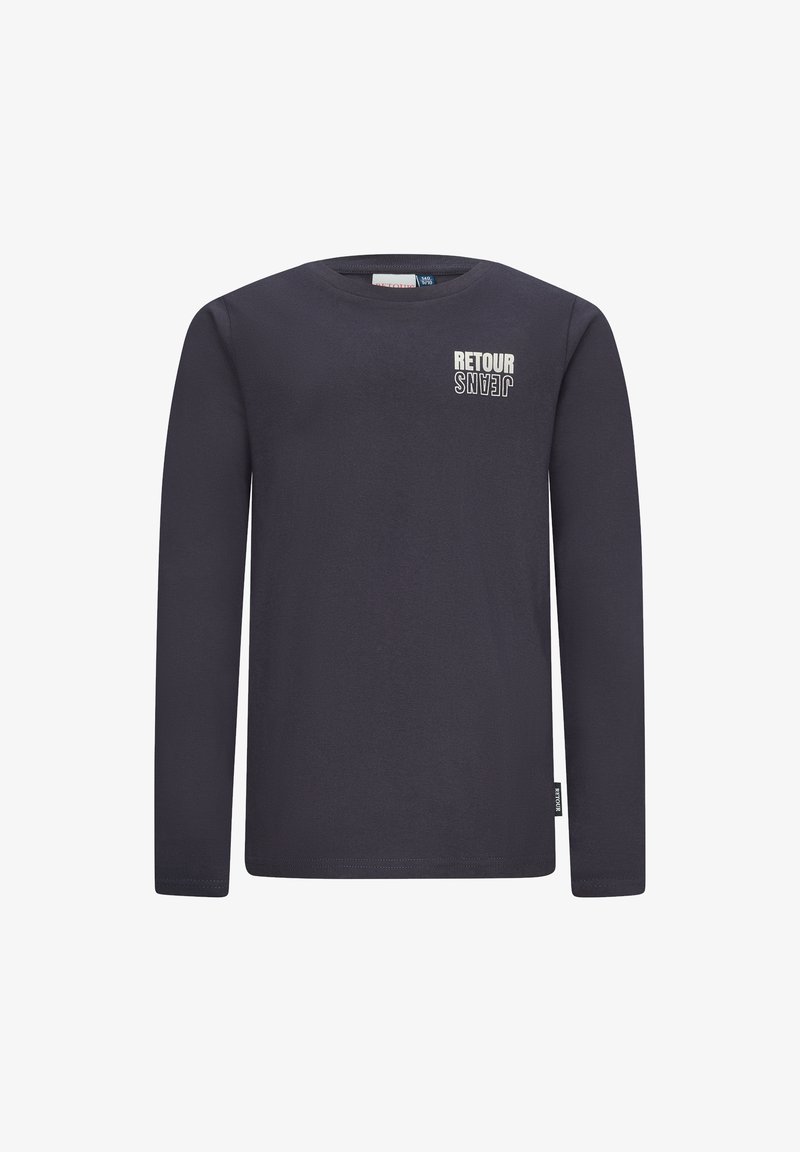 T-shirt a maniche lunghe di colore blu navy realizzato in morbido cotone. Presenta una piccola grafica "RETOUR JEANS" di colore crema sul petto e un'etichetta sul lato.