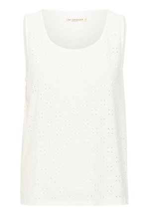 Biały top na ramiączkach z wzorzystym wycięciem, okrągłym dekoltem i bez rękawów. Wykonany z lekkiego materiału.