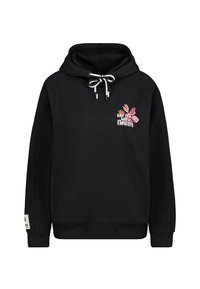 Zwarte hoodie met een voorste kangoeroezak, verstelbare trekkoord en een geborduurd bloemdesign met de tekst "Zeg het met bloemen."