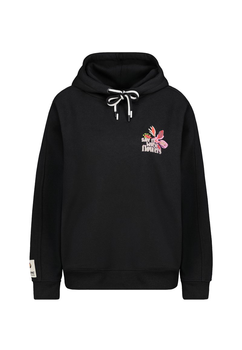 Zwarte hoodie met een voorste kangoeroezak, verstelbare trekkoord en een geborduurd bloemdesign met de tekst "Zeg het met bloemen."