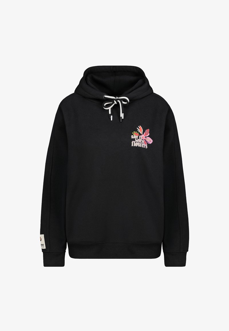Schwarzer Hoodie mit einer vorderen Känguru-Tasche, verstellbarem Kordelzug und besticktem Blumendesign mit dem Text "Sag es mit Blumen."