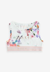 Blomster crop top i blød hvidt stof, der har farverige blomster mønstre, en rund halsudskæring og et pink mærke-elastikbånd i bunden.