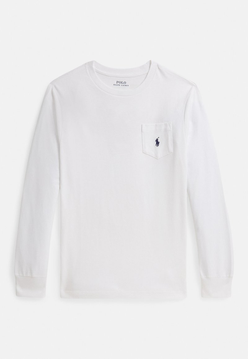 Tricou alb cu mâneci lungi din bumbac, cu un buzunar pe partea stângă decorat cu un mic logo polo bleumarin. Guler rotund și mâneci strâmte.