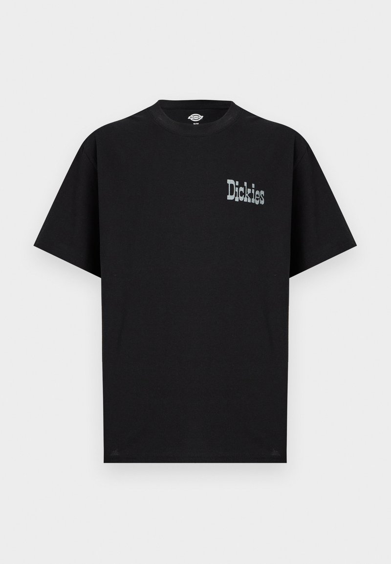 Black short-sleeve T-shirt made of cotton, featuring a front graphic logo "Dickies" in a contrasting light color. Standard crew neck design.