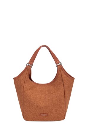 Borsa a tracolla in tessuto marrone con trama irregolare, dotata di manici larghi e piccoli anelli metallici che collegano le cinghie al corpo della borsa.